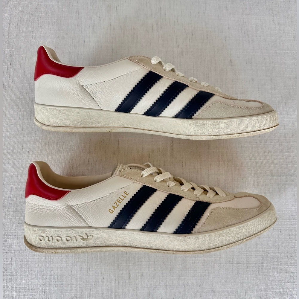 Gucci x Adidas Gazelle Sneakers White Navy Red Leather Size 9.5 - Picture 3 of 7